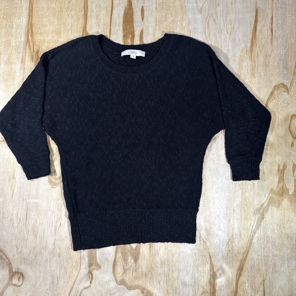 Women's Black Loft Size Xs Linen and Cotton 3/4 Bat Wing Sleeve‎ Sweater